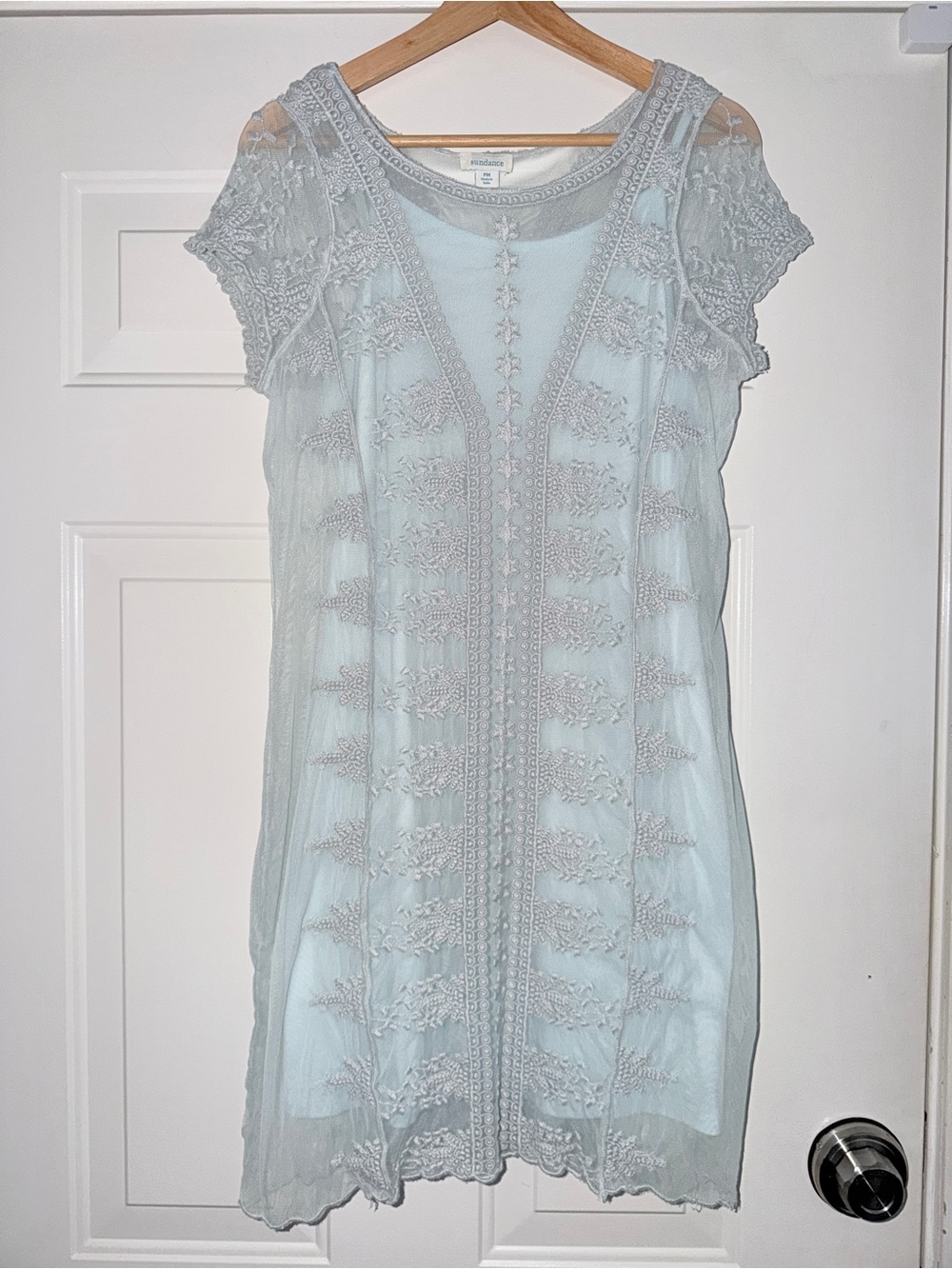 SUNDANCE Misty Dreams Embroidered Mesh Overlay Dress Starlight Aqua M Petite